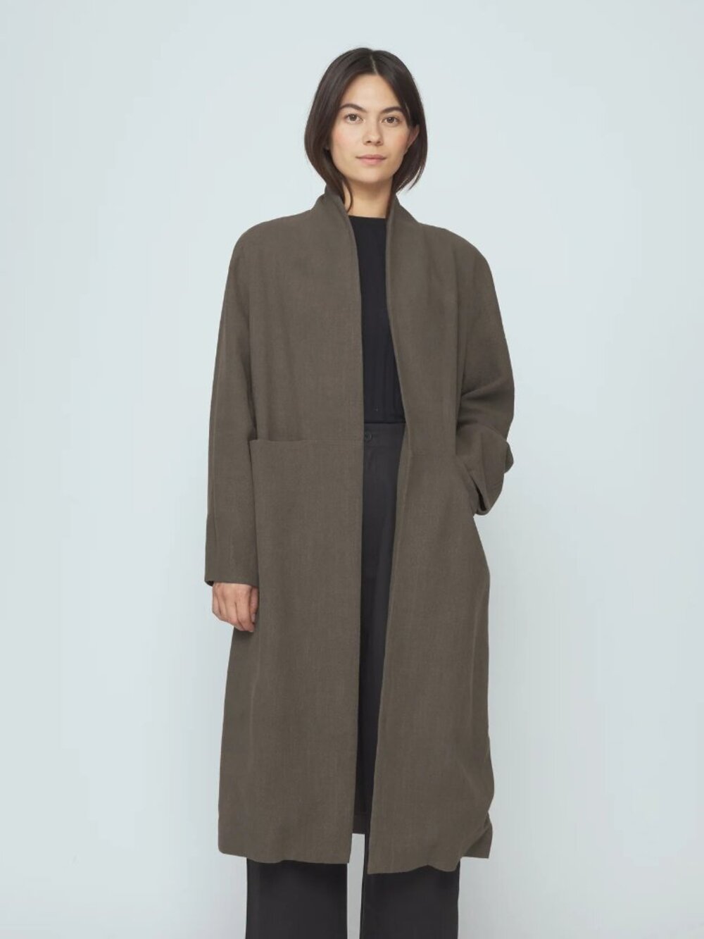 7115 by Szeki Signature Open Fall Coat, Olive, Size Large, Linen and Cotton
